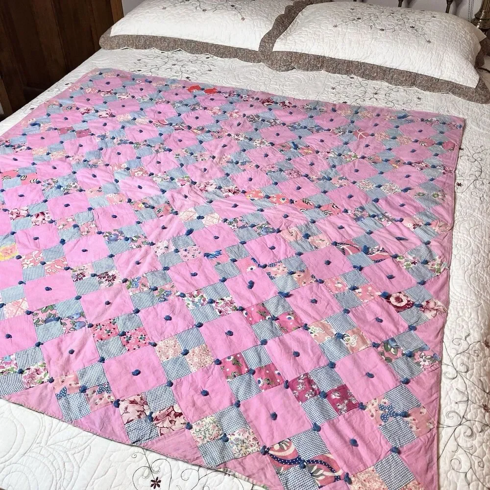 Vtg Handmade Baby Crib Quilt Blanket 48x48